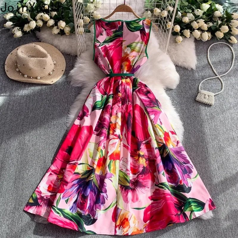 Pink Floral Print Dresses for Women O - neck Chic Maxi Dress - American Thistle Pink Floral Print Dresses for Women O - neck Chic Maxi Dress