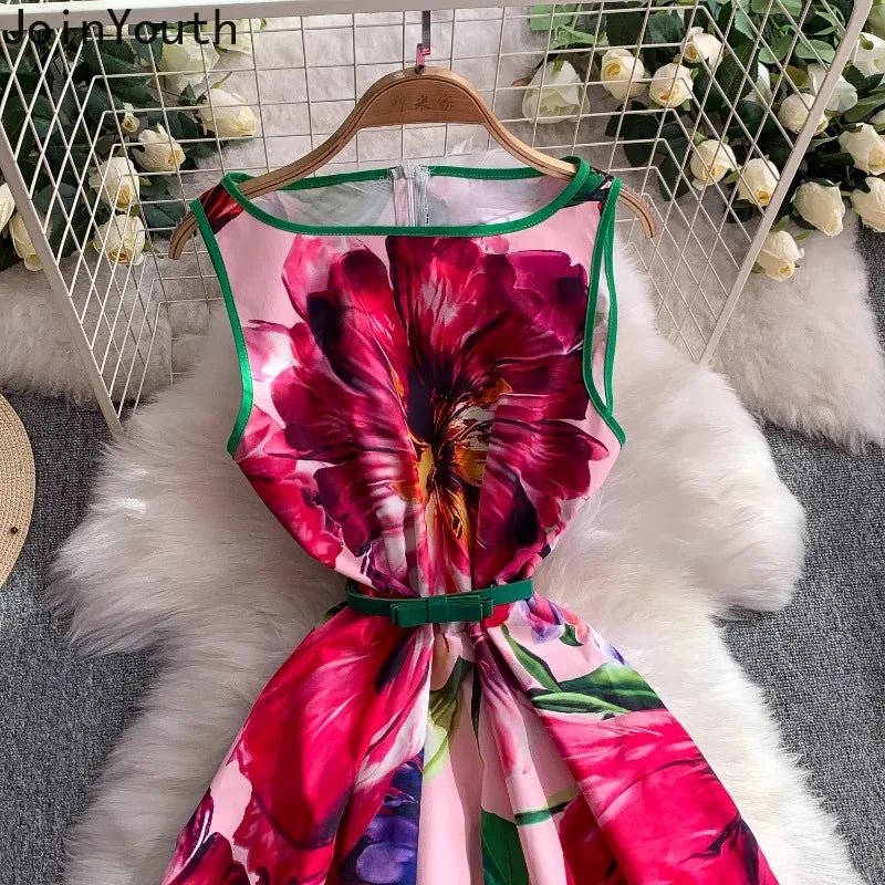 Pink Floral Print Dresses for Women O - neck Chic Maxi Dress - American Thistle Pink Floral Print Dresses for Women O - neck Chic Maxi Dress