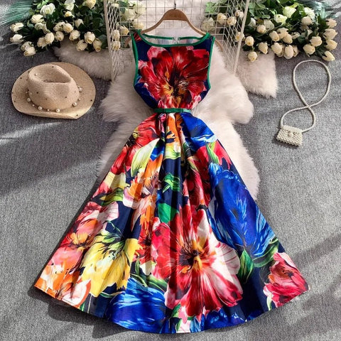 Pink Floral Print Dresses for Women O - neck Chic Maxi Dress - American Thistle Pink Floral Print Dresses for Women O - neck Chic Maxi Dress