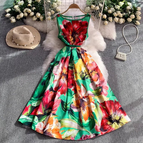 Pink Floral Print Dresses for Women O - neck Chic Maxi Dress - American Thistle Pink Floral Print Dresses for Women O - neck Chic Maxi Dress