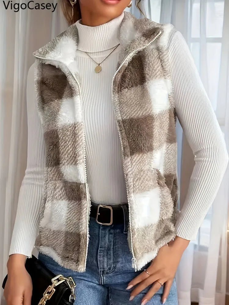 Plaid Print Sleeveless Vest Coat Woman Zipper Loose Plush Warm Waistcoat Jacket - American Thistle Plaid Print Sleeveless Vest Coat Woman Zipper Loose Plush Warm Waistcoat Jacket