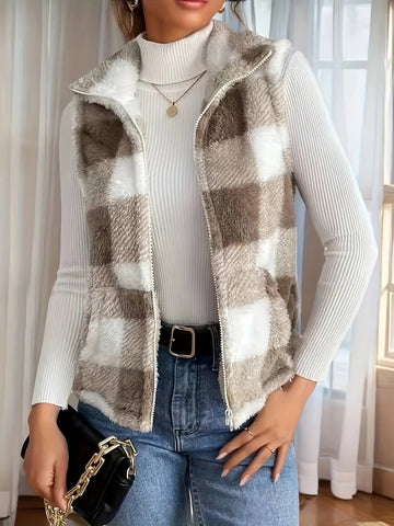 Plaid Print Sleeveless Vest Coat Woman Zipper Loose Plush Warm Waistcoat Jacket - American Thistle Plaid Print Sleeveless Vest Coat Woman Zipper Loose Plush Warm Waistcoat Jacket