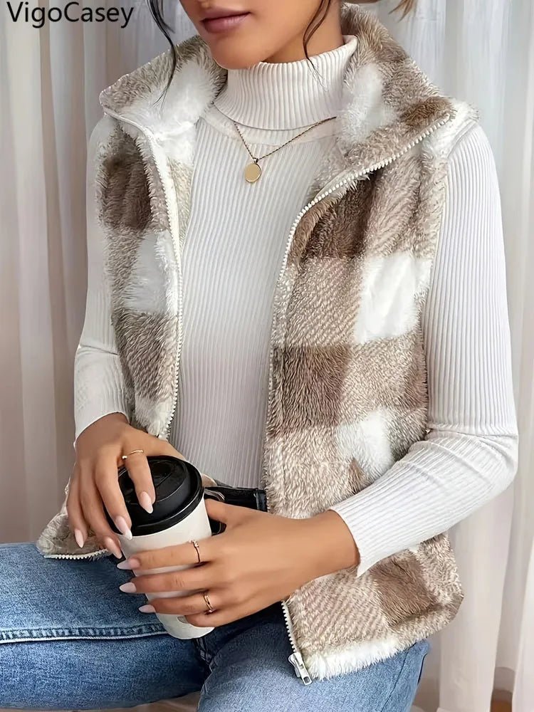 Plaid Print Sleeveless Vest Coat Woman Zipper Loose Plush Warm Waistcoat Jacket - American Thistle Plaid Print Sleeveless Vest Coat Woman Zipper Loose Plush Warm Waistcoat Jacket