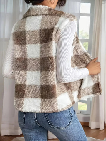 Plaid Print Sleeveless Vest Coat Woman Zipper Loose Plush Warm Waistcoat Jacket - American Thistle Plaid Print Sleeveless Vest Coat Woman Zipper Loose Plush Warm Waistcoat Jacket