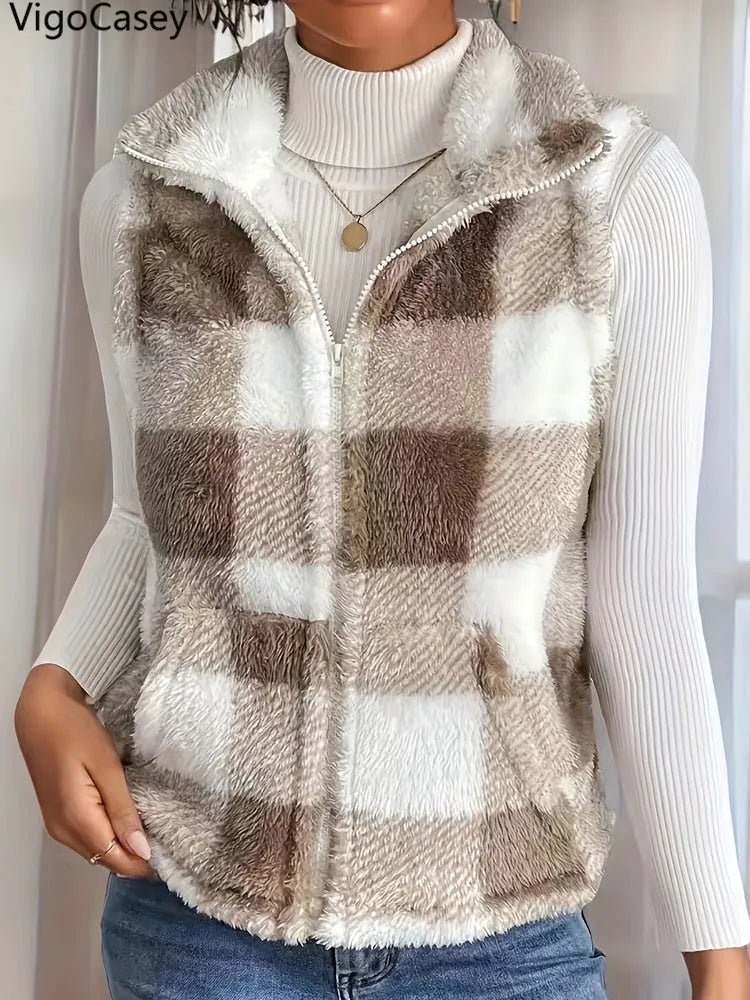 Plaid Print Sleeveless Vest Coat Woman Zipper Loose Plush Warm Waistcoat Jacket - American Thistle Plaid Print Sleeveless Vest Coat Woman Zipper Loose Plush Warm Waistcoat Jacket