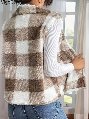 Plaid Print Sleeveless Vest Coat Woman Zipper Loose Plush Warm Waistcoat Jacket - American Thistle Plaid Print Sleeveless Vest Coat Woman Zipper Loose Plush Warm Waistcoat Jacket