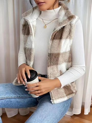 Plaid Print Sleeveless Vest Coat Woman Zipper Loose Plush Warm Waistcoat Jacket - American Thistle Plaid Print Sleeveless Vest Coat Woman Zipper Loose Plush Warm Waistcoat Jacket