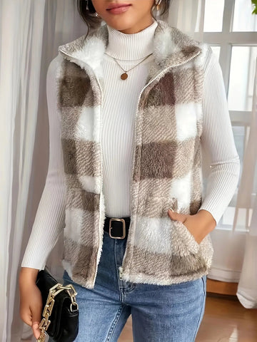 Plaid Print Sleeveless Vest Coat Woman Zipper Loose Plush Warm Waistcoat Jacket - American Thistle Plaid Print Sleeveless Vest Coat Woman Zipper Loose Plush Warm Waistcoat Jacket