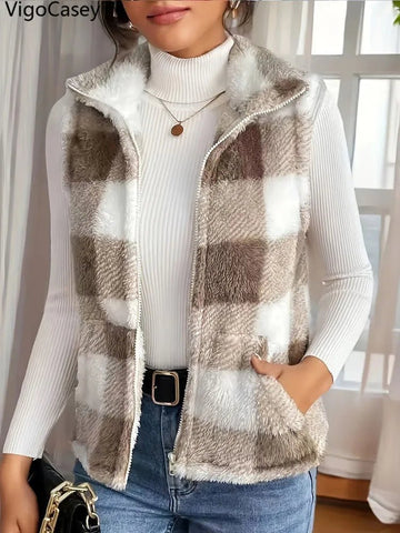 Plaid Print Sleeveless Vest Coat Woman Zipper Loose Plush Warm Waistcoat Jacket - American Thistle Plaid Print Sleeveless Vest Coat Woman Zipper Loose Plush Warm Waistcoat Jacket