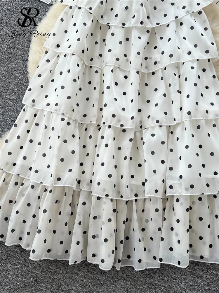 Polka Dot Cake Long Dress Ladies Halter Ribbon Backless Zipper Design Style Print Mesh Maxi Dress - American Thistle Polka Dot Cake Long Dress Ladies Halter Ribbon Backless Zipper Design Style Print Mesh Maxi Dress