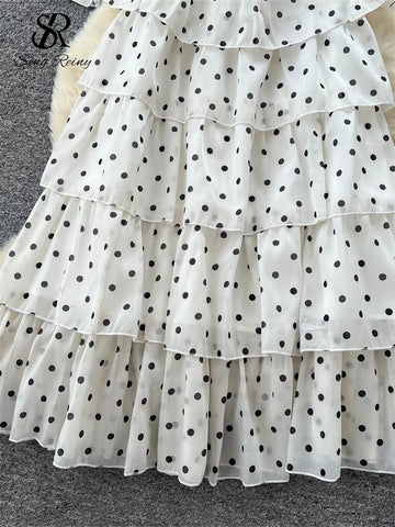 Polka Dot Cake Long Dress Ladies Halter Ribbon Backless Zipper Design Style Print Mesh Maxi Dress - American Thistle Polka Dot Cake Long Dress Ladies Halter Ribbon Backless Zipper Design Style Print Mesh Maxi Dress