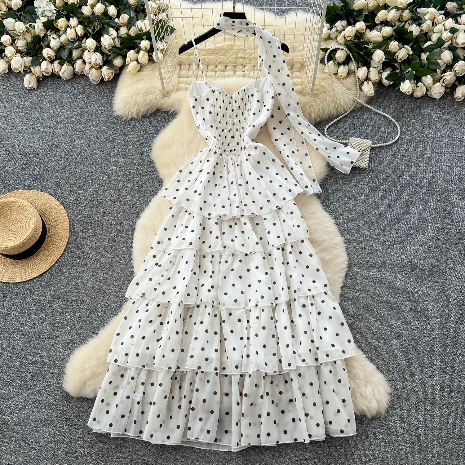 Polka Dot Cake Long Dress Ladies Halter Ribbon Backless Zipper Design Style Print Mesh Maxi Dress - American Thistle Polka Dot Cake Long Dress Ladies Halter Ribbon Backless Zipper Design Style Print Mesh Maxi Dress