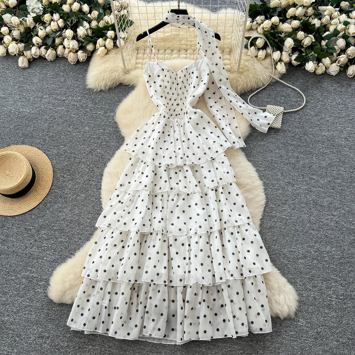 Polka Dot Cake Long Dress Ladies Halter Ribbon Backless Zipper Design Style Print Mesh Maxi Dress - American Thistle Polka Dot Cake Long Dress Ladies Halter Ribbon Backless Zipper Design Style Print Mesh Maxi Dress