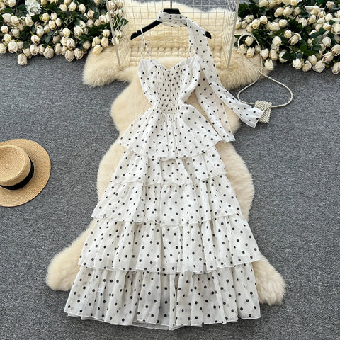 Polka Dot Cake Long Dress Ladies Halter Ribbon Backless Zipper Design Style Print Mesh Maxi Dress - American Thistle Polka Dot Cake Long Dress Ladies Halter Ribbon Backless Zipper Design Style Print Mesh Maxi Dress