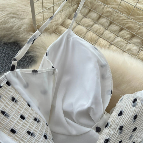 Polka Dot Cake Long Dress Ladies Halter Ribbon Backless Zipper Design Style Print Mesh Maxi Dress - American Thistle Polka Dot Cake Long Dress Ladies Halter Ribbon Backless Zipper Design Style Print Mesh Maxi Dress