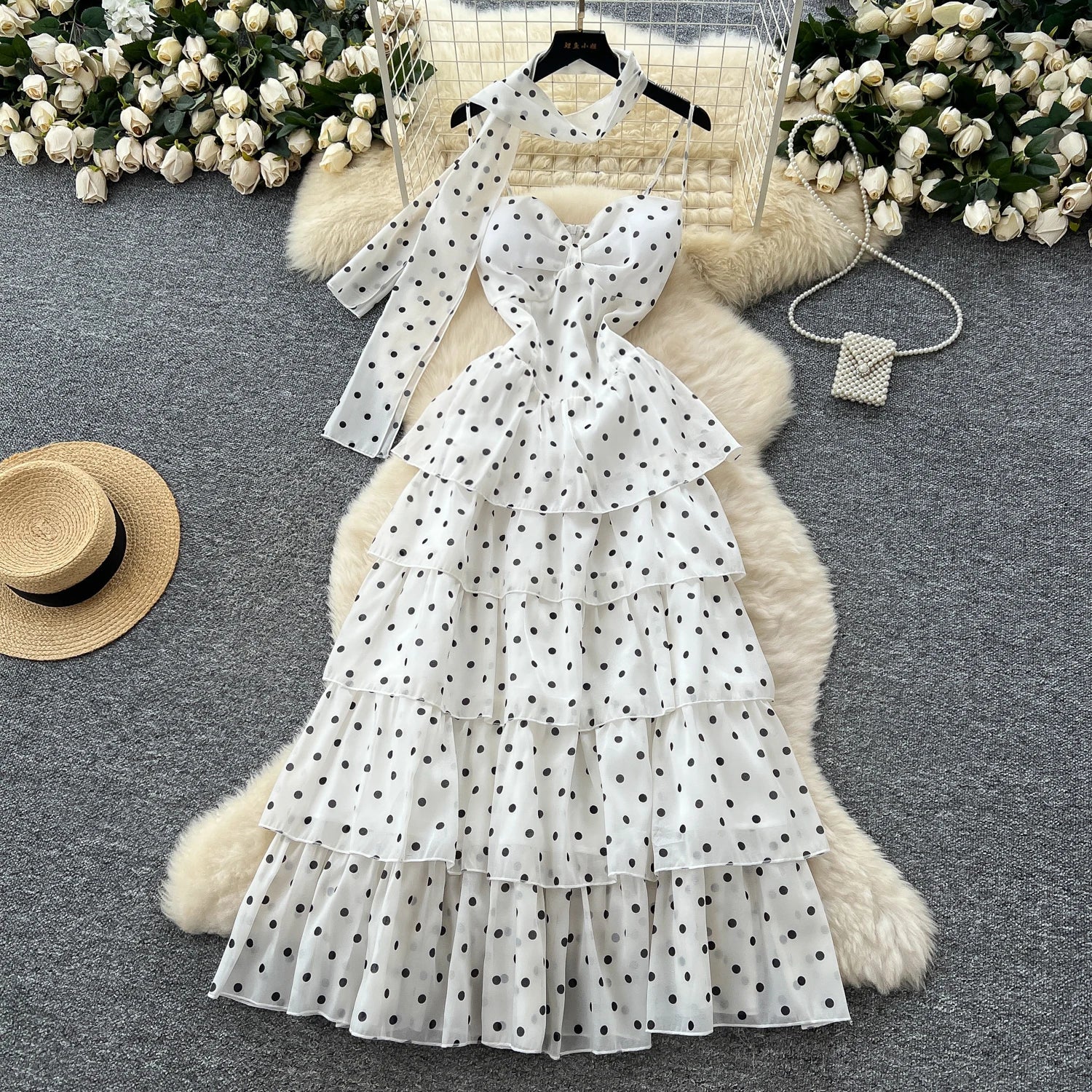 Polka Dot Cake Long Dress Ladies Halter Ribbon Backless Zipper Design Style Print Mesh Maxi Dress - American Thistle Polka Dot Cake Long Dress Ladies Halter Ribbon Backless Zipper Design Style Print Mesh Maxi Dress