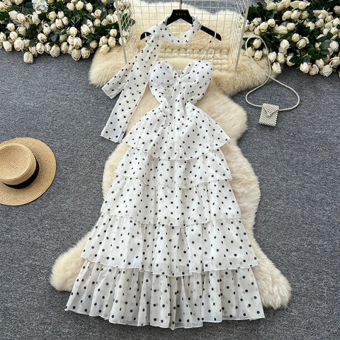 Polka Dot Cake Long Dress Ladies Halter Ribbon Backless Zipper Design Style Print Mesh Maxi Dress - American Thistle Polka Dot Cake Long Dress Ladies Halter Ribbon Backless Zipper Design Style Print Mesh Maxi Dress