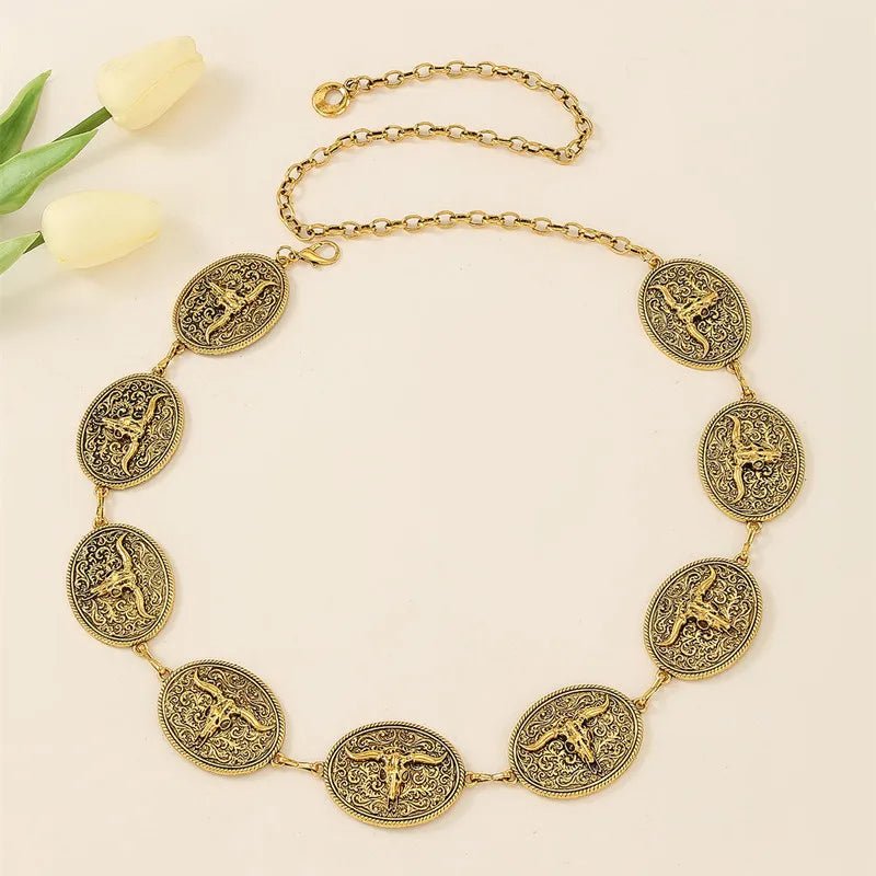 Punk Hip Hop Style All - match Cow Head Waist Chain Vintage Metal Womans Belt For Dress Vintage High Belt for Women - American ThistlePunk Hip Hop Style All - match Cow Head Waist Chain Vintage Metal Womans Belt For Dress Vintage High Belt for Women