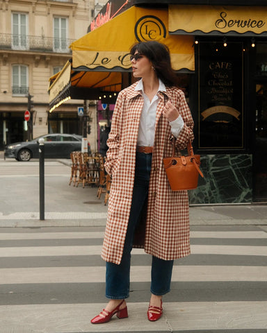 Red Plaid Long Trench Coat Women Casual Lapel Single Breasted Full Sleeve - American Thistle Red Plaid Long Trench Coat Women Casual Lapel Single Breasted Full Sleeve