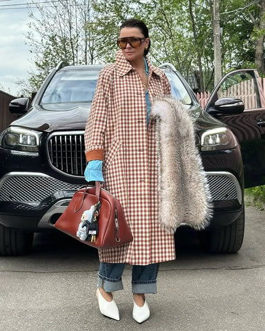 Red Plaid Long Trench Coat Women Casual Lapel Single Breasted Full Sleeve - American Thistle Red Plaid Long Trench Coat Women Casual Lapel Single Breasted Full Sleeve