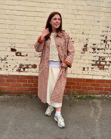 Red Plaid Long Trench Coat Women Casual Lapel Single Breasted Full Sleeve - American Thistle Red Plaid Long Trench Coat Women Casual Lapel Single Breasted Full Sleeve