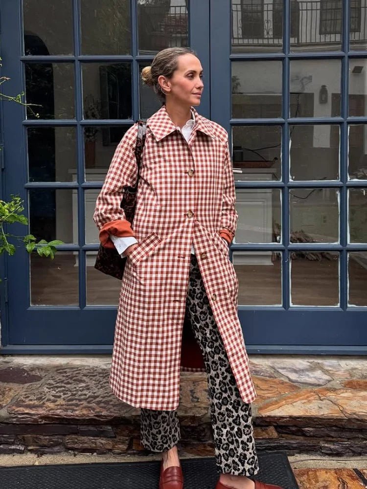 Red Plaid Long Trench Coat Women Casual Lapel Single Breasted Full Sleeve - American Thistle Red Plaid Long Trench Coat Women Casual Lapel Single Breasted Full Sleeve