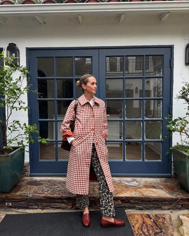 Red Plaid Long Trench Coat Women Casual Lapel Single Breasted Full Sleeve - American Thistle Red Plaid Long Trench Coat Women Casual Lapel Single Breasted Full Sleeve