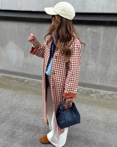 Red Plaid Long Trench Coat Women Casual Lapel Single Breasted Full Sleeve - American Thistle Red Plaid Long Trench Coat Women Casual Lapel Single Breasted Full Sleeve