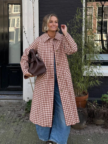 Red Plaid Long Trench Coat Women Casual Lapel Single Breasted Full Sleeve - American Thistle Red Plaid Long Trench Coat Women Casual Lapel Single Breasted Full Sleeve