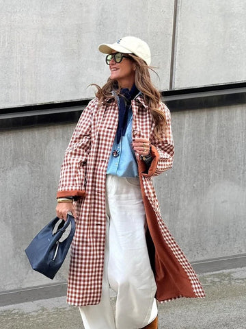 Red Plaid Long Trench Coat Women Casual Lapel Single Breasted Full Sleeve - American Thistle Red Plaid Long Trench Coat Women Casual Lapel Single Breasted Full Sleeve