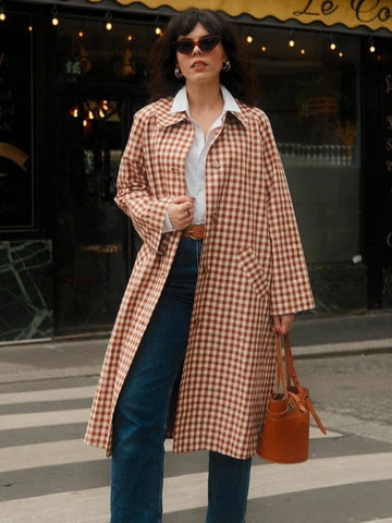 Red Plaid Long Trench Coat Women Casual Lapel Single Breasted Full Sleeve - American Thistle Red Plaid Long Trench Coat Women Casual Lapel Single Breasted Full Sleeve