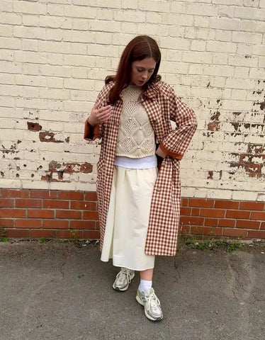 Red Plaid Long Trench Coat Women Casual Lapel Single Breasted Full Sleeve - American Thistle Red Plaid Long Trench Coat Women Casual Lapel Single Breasted Full Sleeve