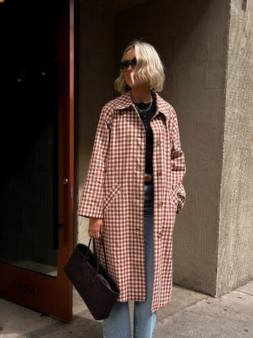 Red Plaid Long Trench Coat Women Casual Lapel Single Breasted Full Sleeve - American Thistle Red Plaid Long Trench Coat Women Casual Lapel Single Breasted Full Sleeve