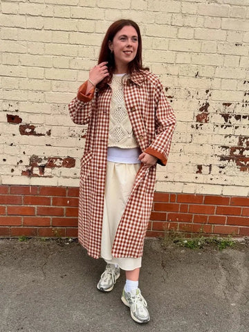 Red Plaid Long Trench Coat Women Casual Lapel Single Breasted Full Sleeve - American Thistle Red Plaid Long Trench Coat Women Casual Lapel Single Breasted Full Sleeve