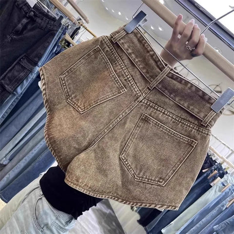 Retro Brown Shorts with A Cut Waistband High Waist - American ThistleRetro Brown Shorts with A Cut Waistband High Waist