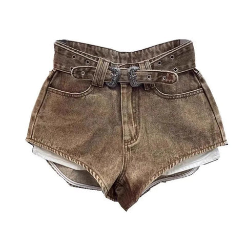 Retro Brown Shorts with A Cut Waistband High Waist - American ThistleRetro Brown Shorts with A Cut Waistband High Waist