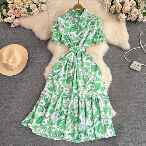 Retro Collar Slimming A - Line Print Midi Summer Vintage Dress - American Thistle Retro Collar Slimming A - Line Print Midi Summer Vintage Dress