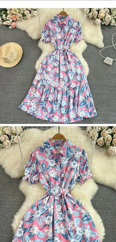 Retro Collar Slimming A - Line Print Midi Summer Vintage Dress - American Thistle Retro Collar Slimming A - Line Print Midi Summer Vintage Dress