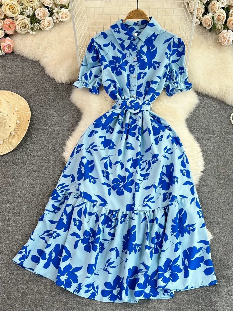 Retro Collar Slimming A - Line Print Midi Summer Vintage Dress - American Thistle Retro Collar Slimming A - Line Print Midi Summer Vintage Dress