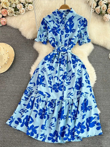 Retro Collar Slimming A - Line Print Midi Summer Vintage Dress - American Thistle Retro Collar Slimming A - Line Print Midi Summer Vintage Dress