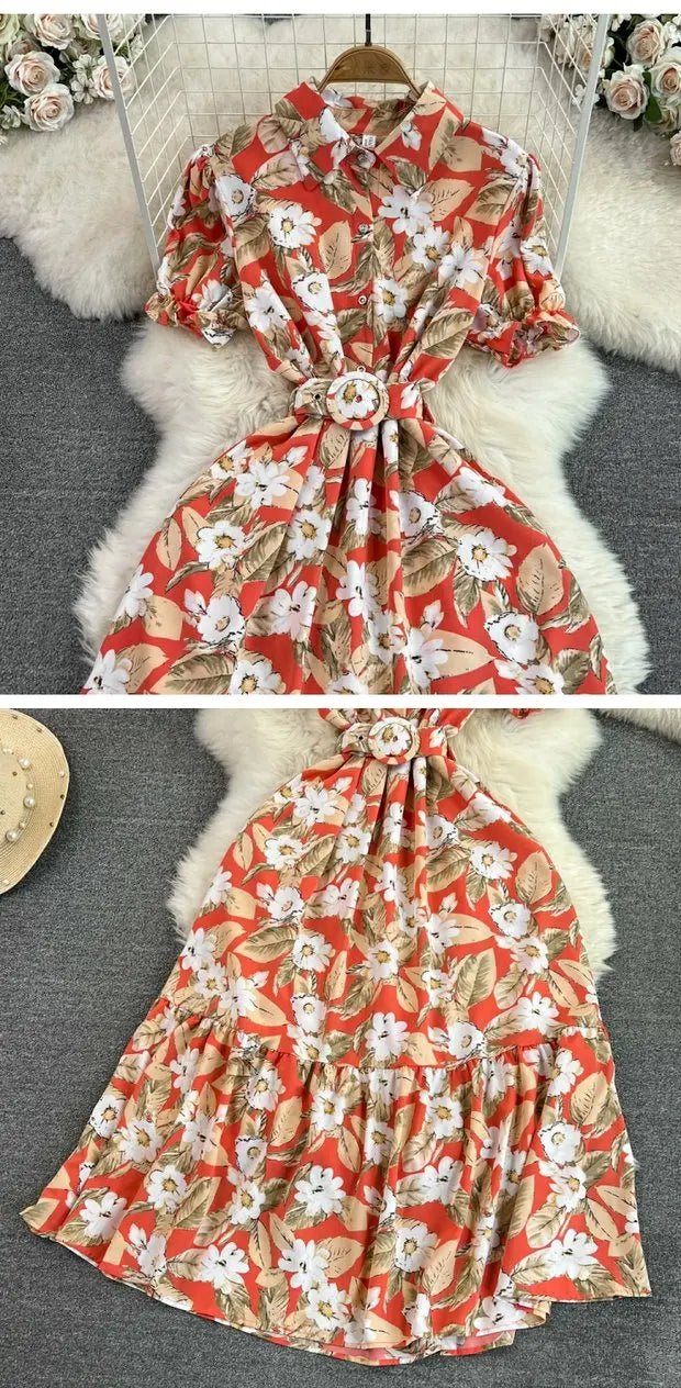 Retro Collar Slimming A - Line Print Midi Summer Vintage Dress - American Thistle Retro Collar Slimming A - Line Print Midi Summer Vintage Dress