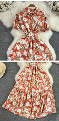 Retro Collar Slimming A - Line Print Midi Summer Vintage Dress - American Thistle Retro Collar Slimming A - Line Print Midi Summer Vintage Dress