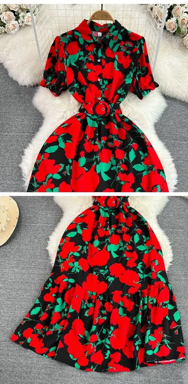 Retro Collar Slimming A - Line Print Midi Summer Vintage Dress - American Thistle Retro Collar Slimming A - Line Print Midi Summer Vintage Dress