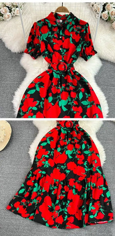 Retro Collar Slimming A - Line Print Midi Summer Vintage Dress - American Thistle Retro Collar Slimming A - Line Print Midi Summer Vintage Dress