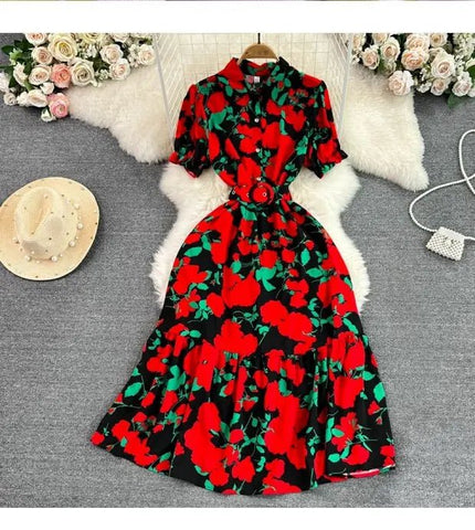 Retro Collar Slimming A - Line Print Midi Summer Vintage Dress - American Thistle Retro Collar Slimming A - Line Print Midi Summer Vintage Dress