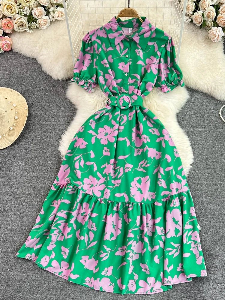 Retro Collar Slimming A - Line Print Midi Summer Vintage Dress - American Thistle Retro Collar Slimming A - Line Print Midi Summer Vintage Dress