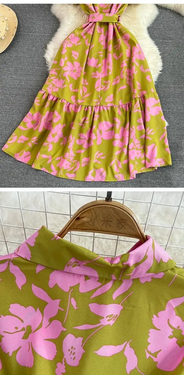 Retro Collar Slimming A - Line Print Midi Summer Vintage Dress - American Thistle Retro Collar Slimming A - Line Print Midi Summer Vintage Dress