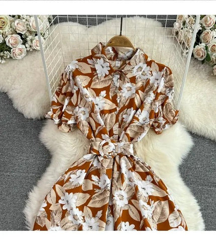 Retro Collar Slimming A - Line Print Midi Summer Vintage Dress - American Thistle Retro Collar Slimming A - Line Print Midi Summer Vintage Dress