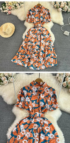 Retro Collar Slimming A - Line Print Midi Summer Vintage Dress - American Thistle Retro Collar Slimming A - Line Print Midi Summer Vintage Dress