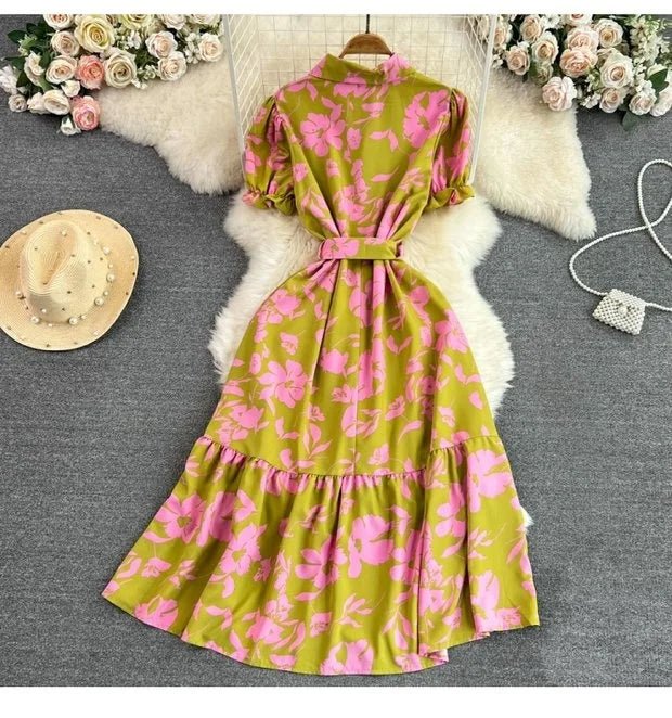 Retro Collar Slimming A - Line Print Midi Summer Vintage Dress - American Thistle Retro Collar Slimming A - Line Print Midi Summer Vintage Dress